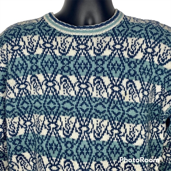 Vintage Concrete Men’s Knit Winter Sweater XL 20 Teal Blue White Geometrical. - Picture 2 of 10